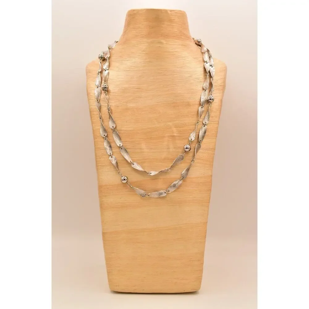 Vintage Linked Necklace Silver Tone Metallic Long Chunky Textured 1980s BinBE
